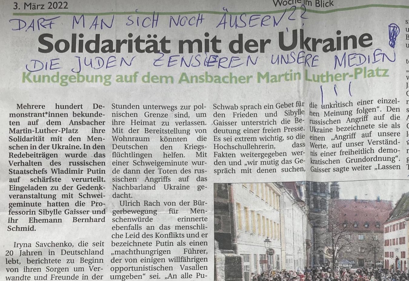 Antisemitisch kommentierte Zeitungsausschnitte